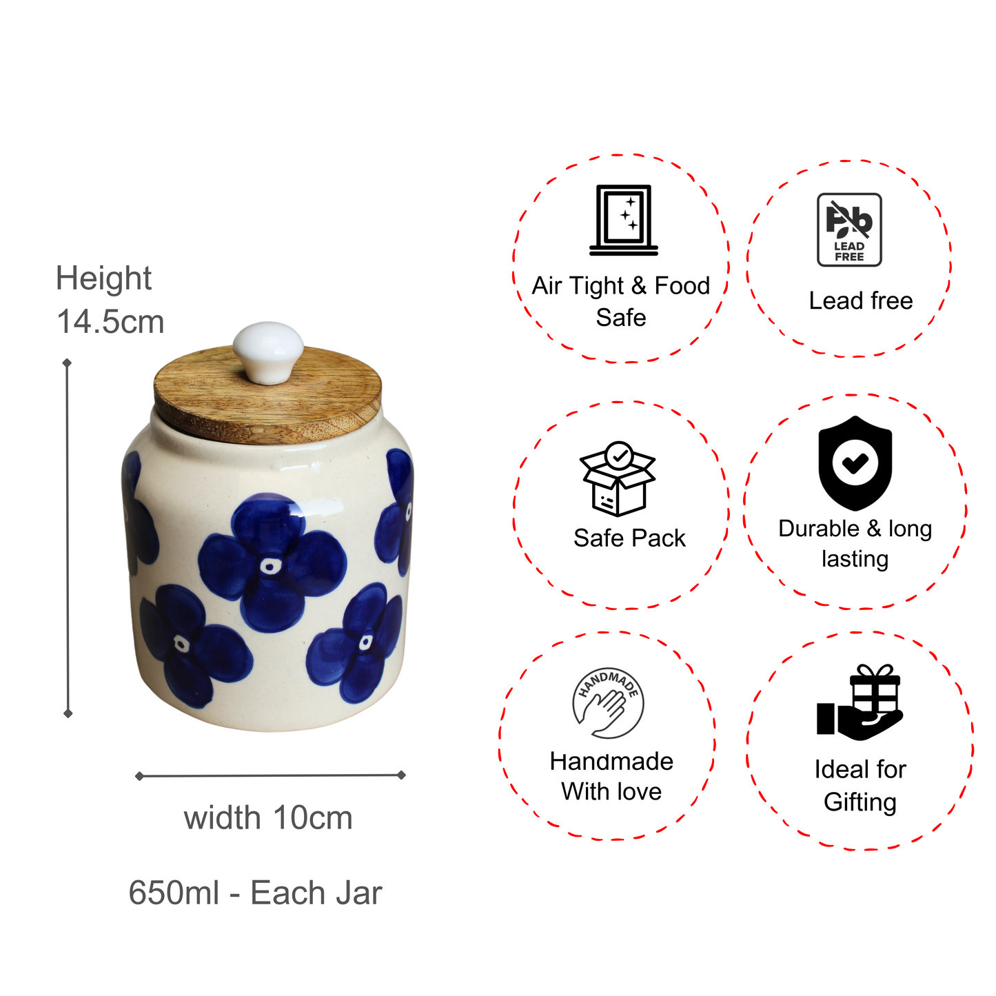 Blue Flowers Ceramic Jar Set- Air tight, 650ml