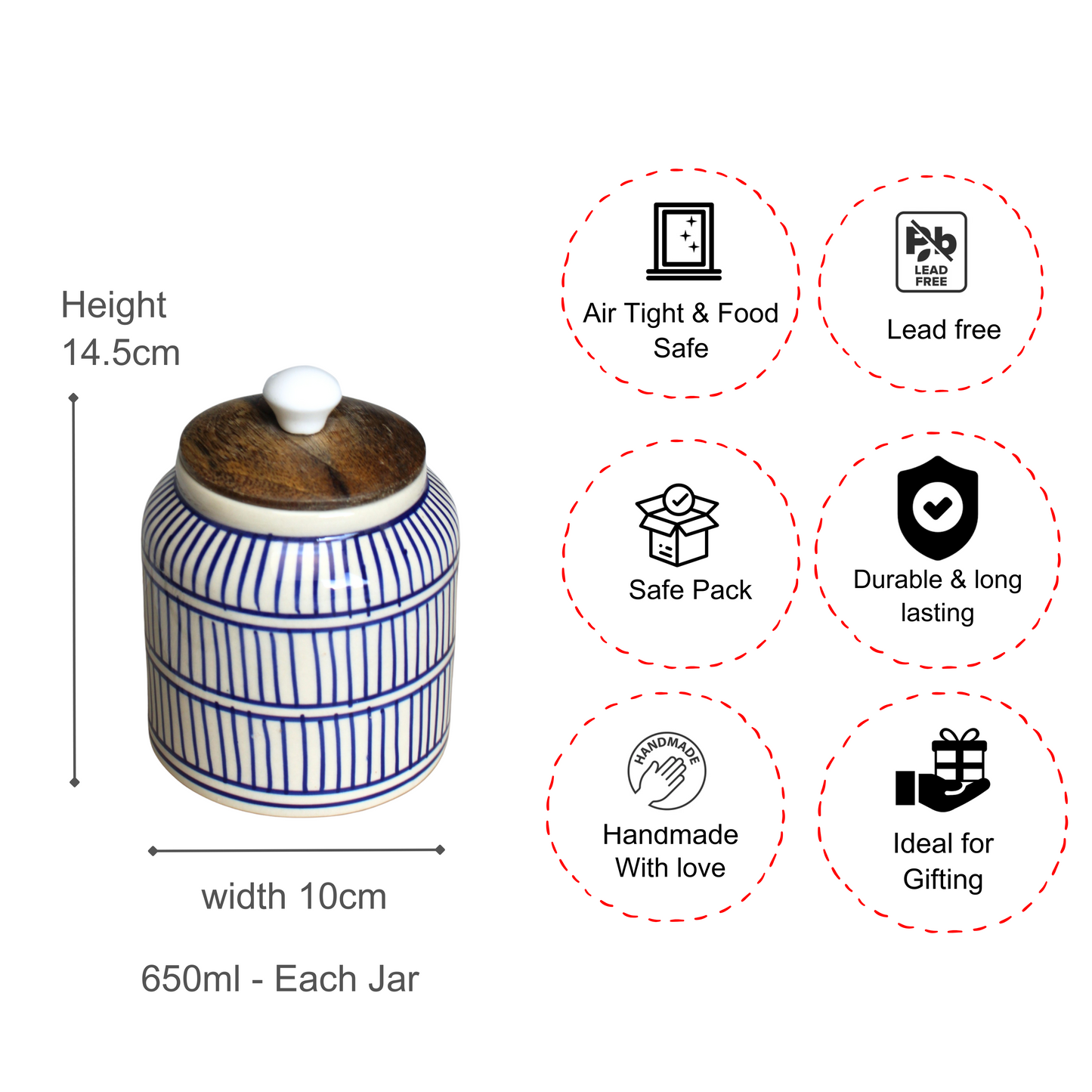 Stripes Ceramic Jar Set- Air tight, 650ml