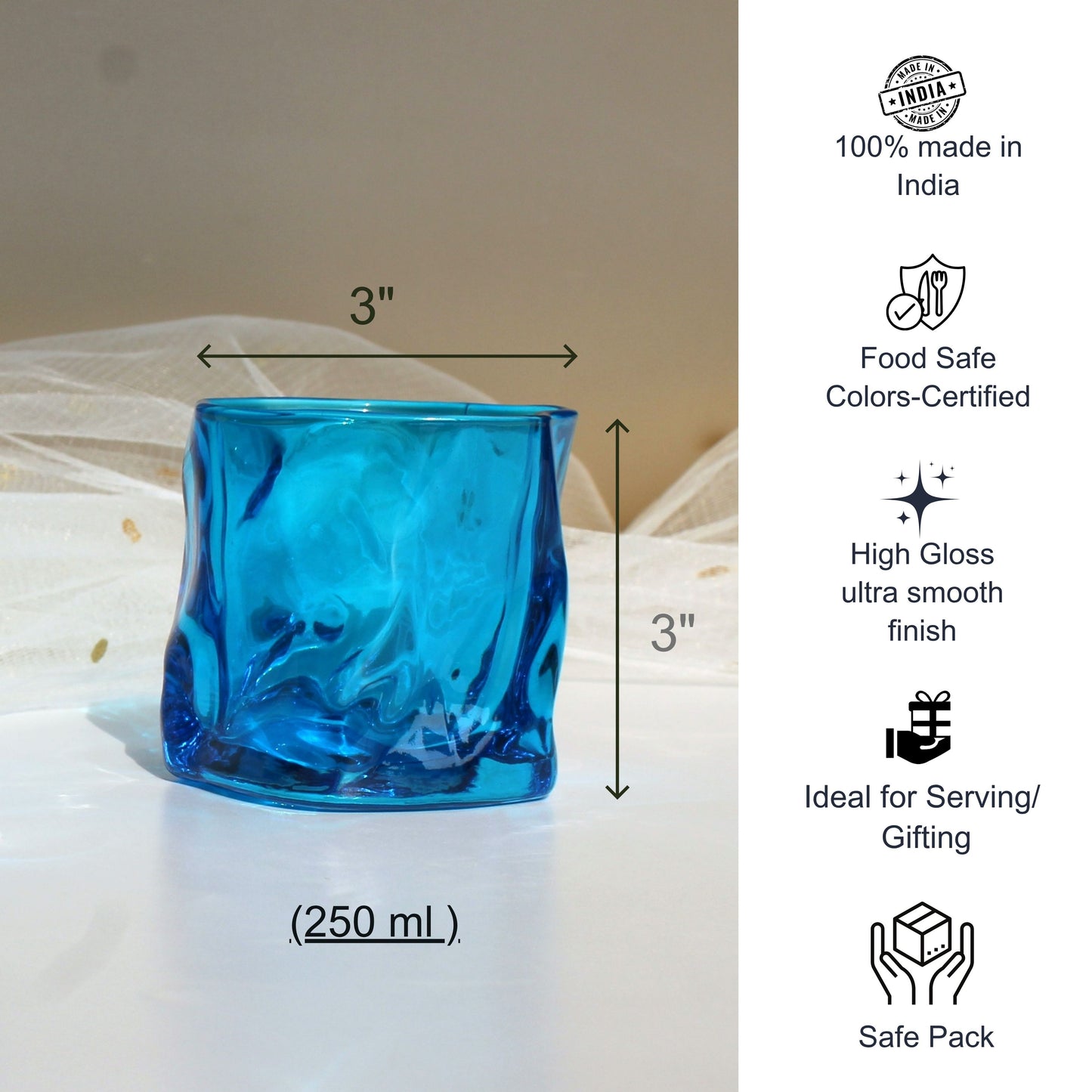 Blue drinking glass with dimensions and certification icons on a white background