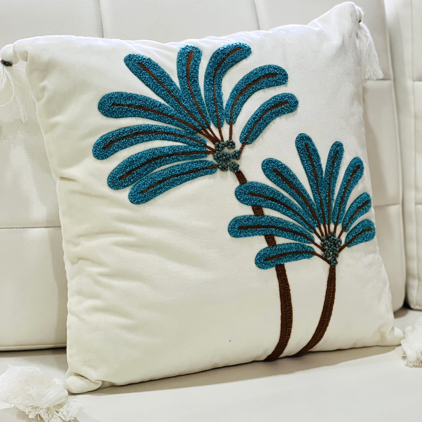Coastal Embroidered Cushion Cover - Off white, Turquoise