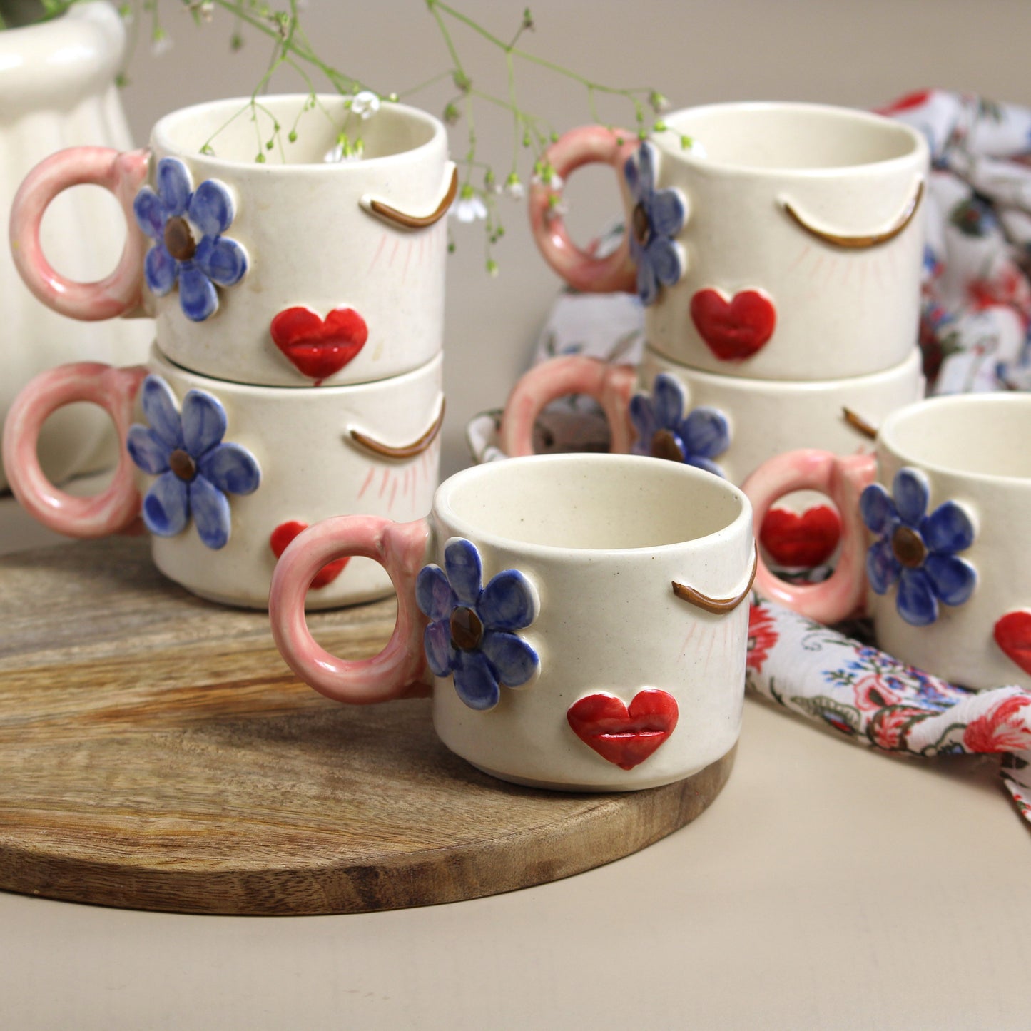 Daisy Blooms Mug Set- Embossed Design, Ivory