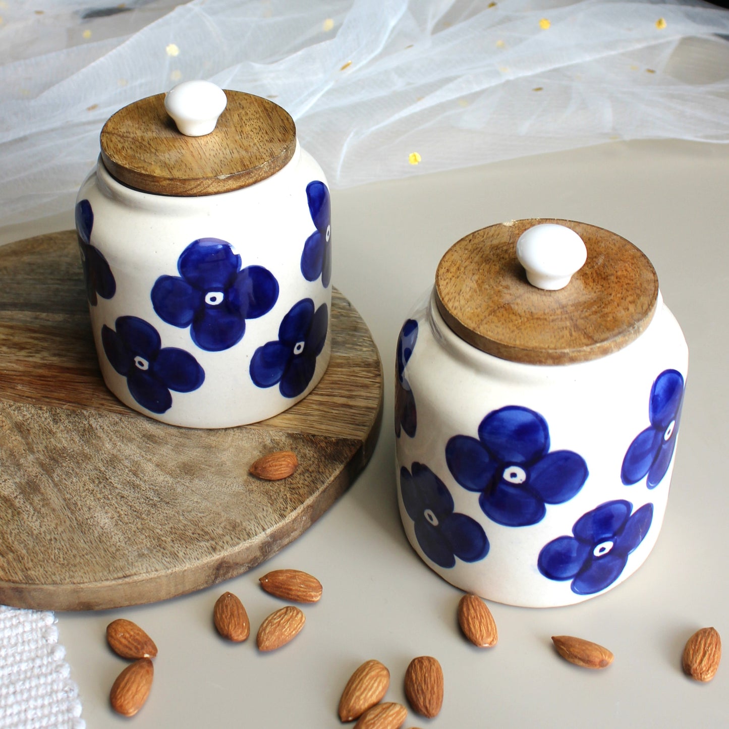 Blue Flowers Ceramic Jar Set- Air tight, 650ml