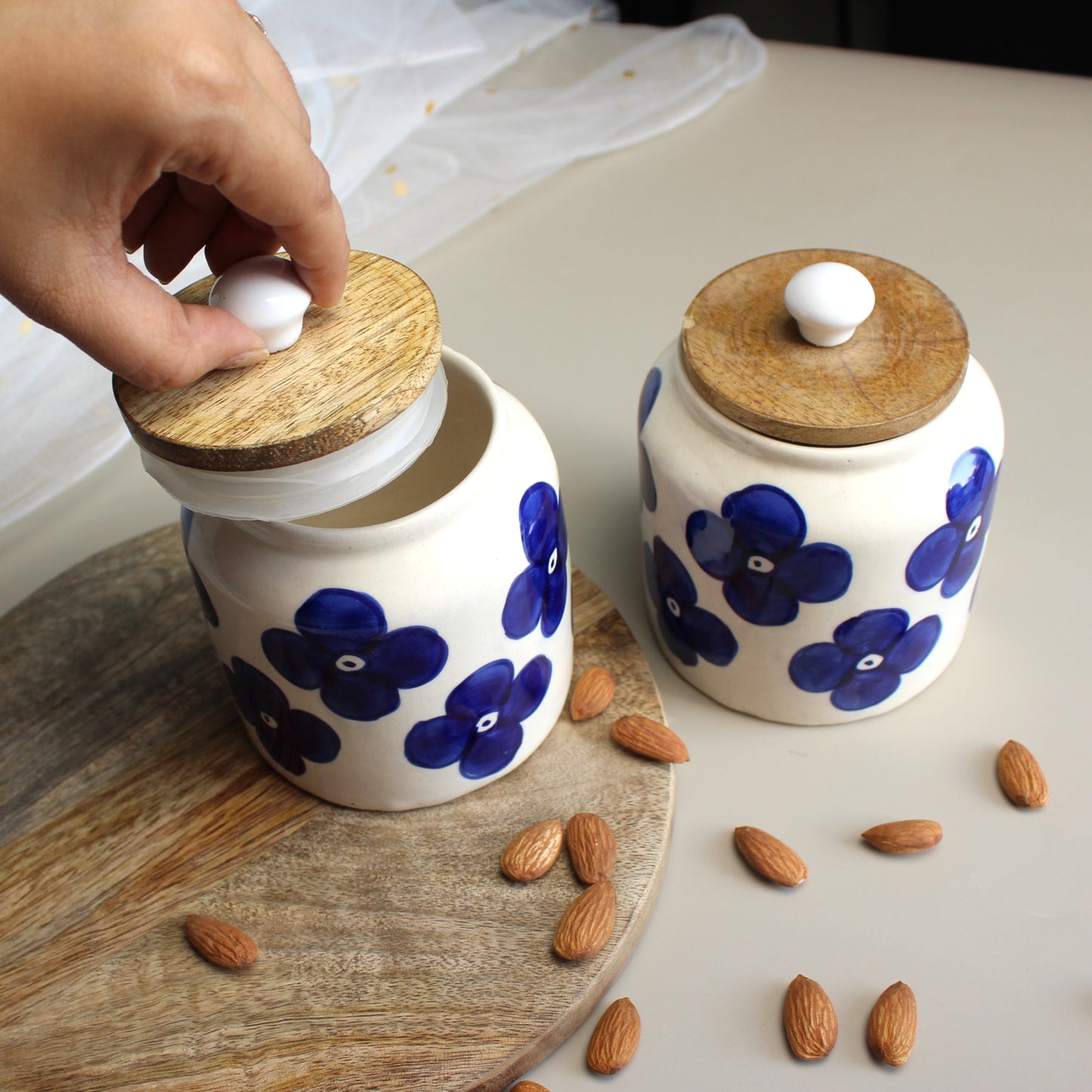 Blue Flowers Ceramic Jar Set- Air tight, 650ml