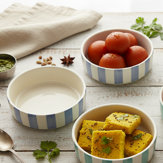 Two bowls with food on a wooden surface, one containing dhokla and gulab jamun