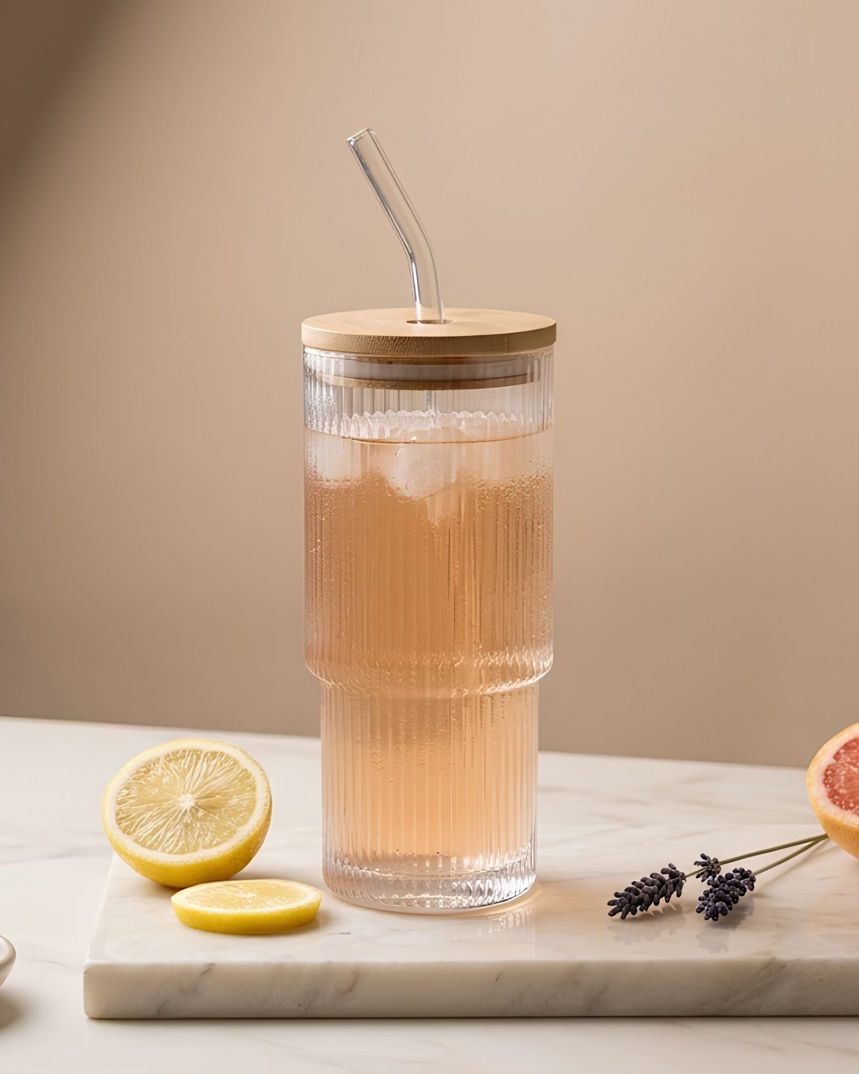 Fluted glass tumbler - with lid & straw (280ml)