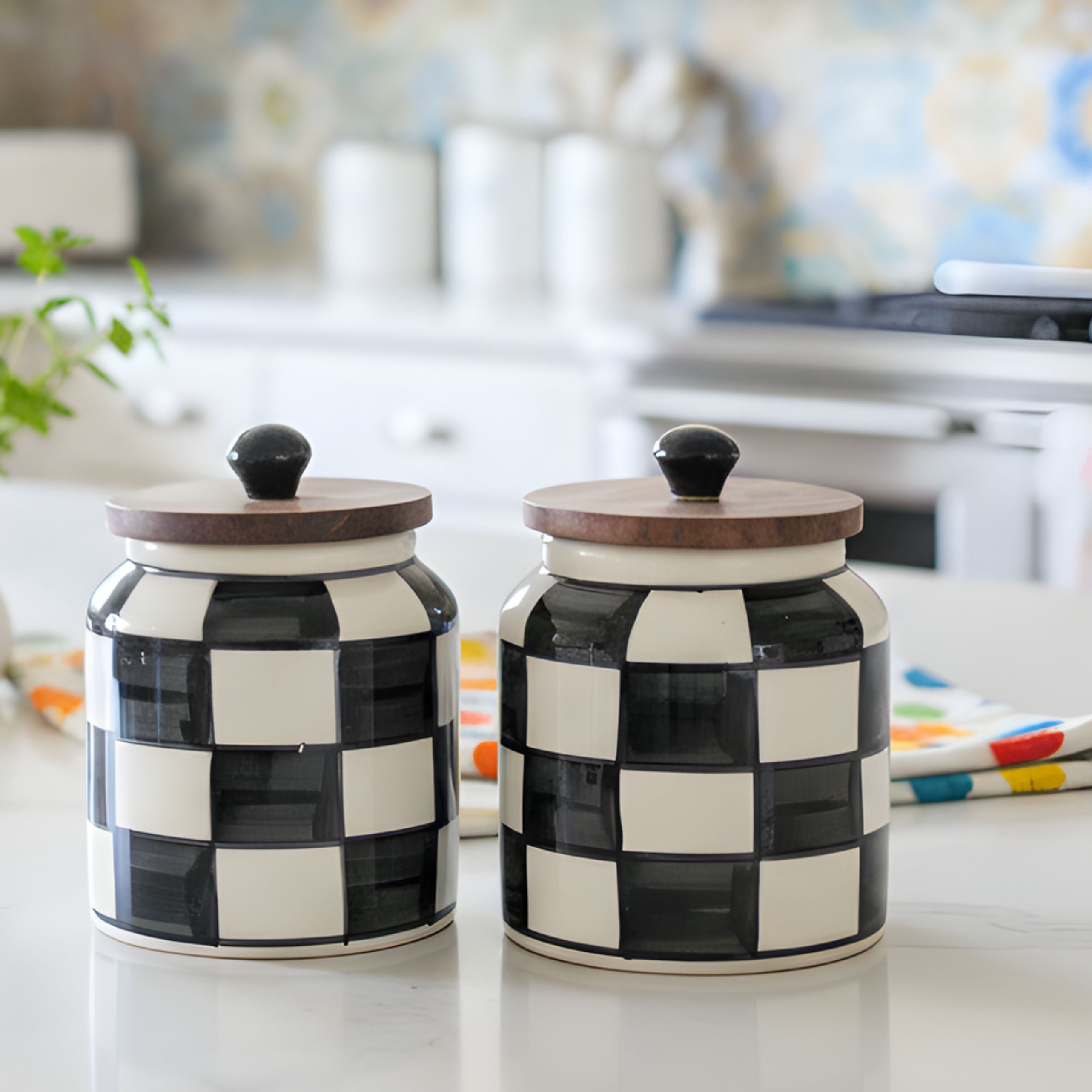Black checkered Ceramic Jar Set- Air tight, 500ml