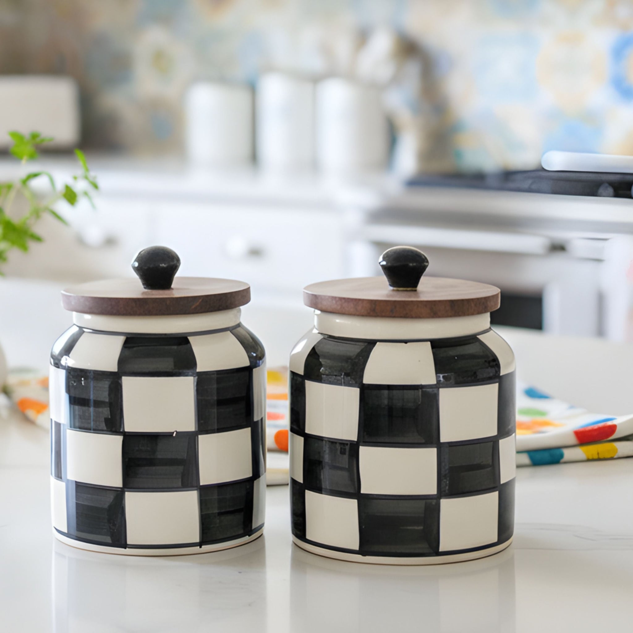 Black checkered Ceramic Jar Set- Air tight, 500ml