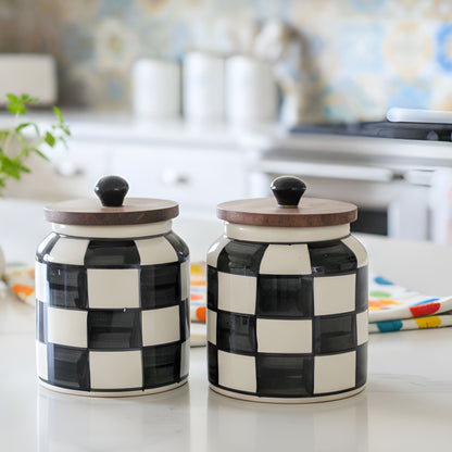 Black checkered Ceramic Jar Set- Air tight, 500ml