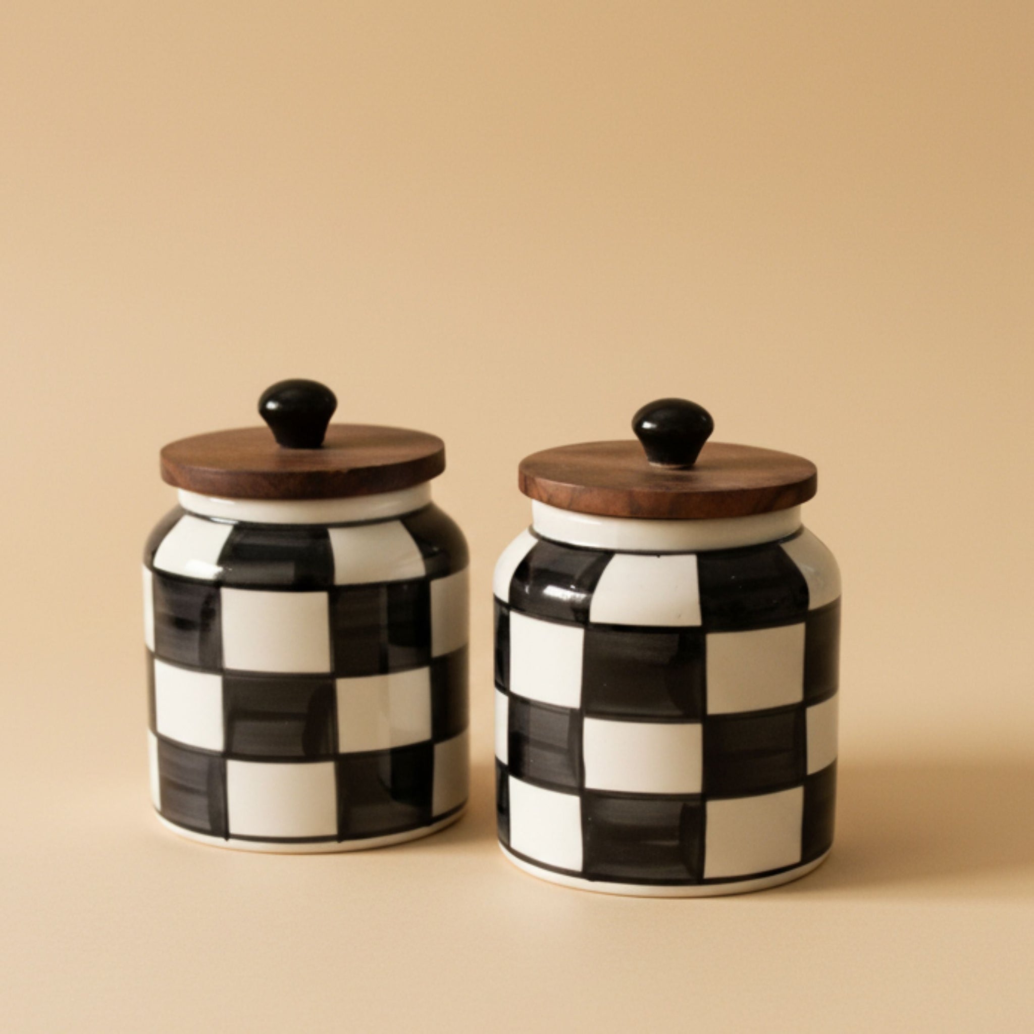 Black checkered Ceramic Jar Set- Air tight, 500ml