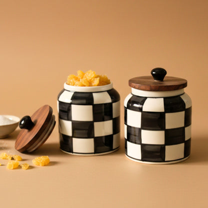 Black checkered Ceramic Jar Set- Air tight, 500ml
