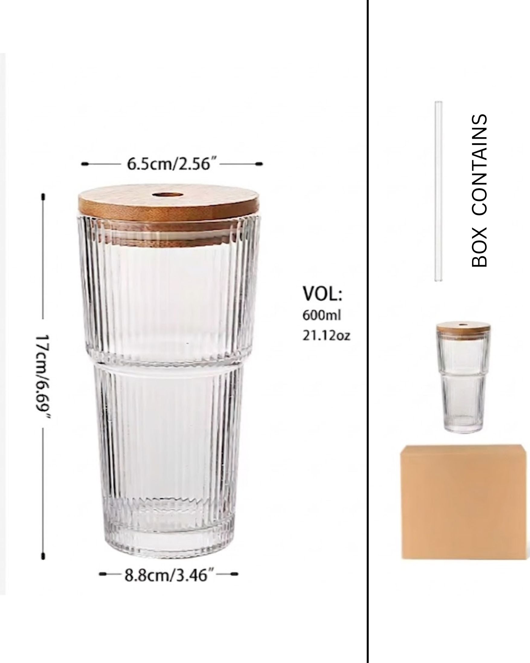 Fluted glass tumbler - with lid & straw (280ml)