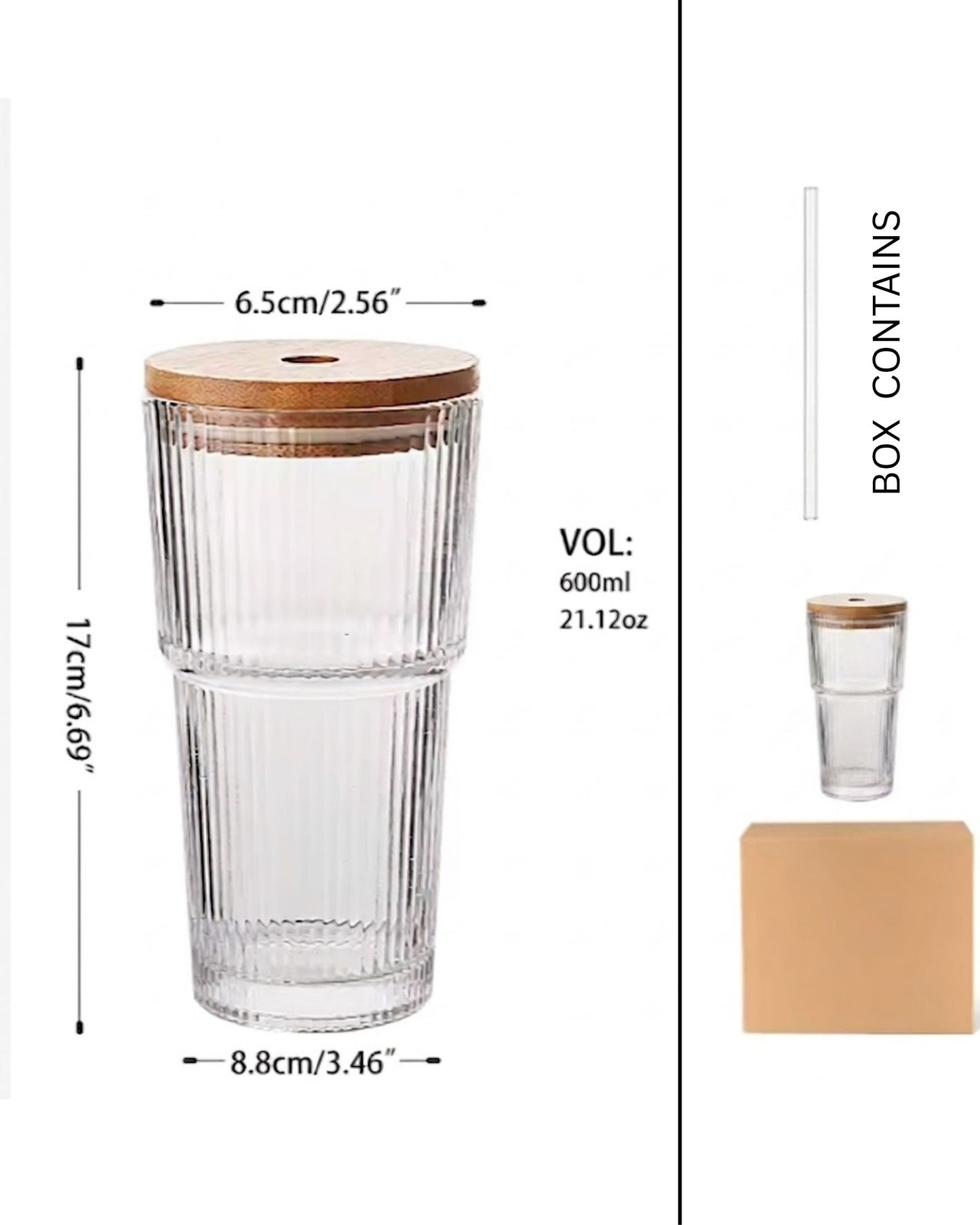 Fluted glass tumbler - with lid & straw (280ml)