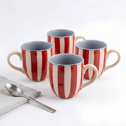 Tea Cups Set- Cherry Stripes, (Set of 4)