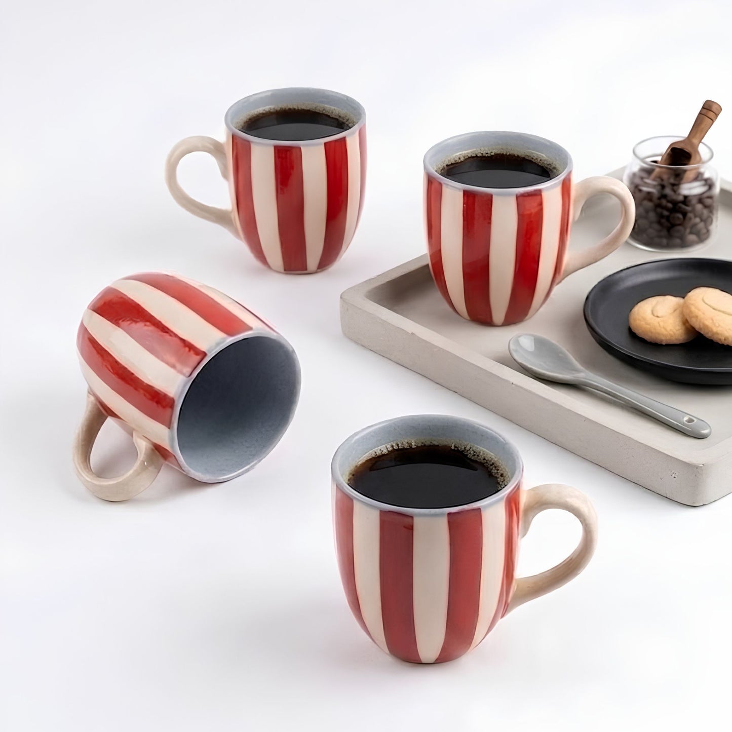 Tea Cups Set- Cherry Stripes, (Set of 4)