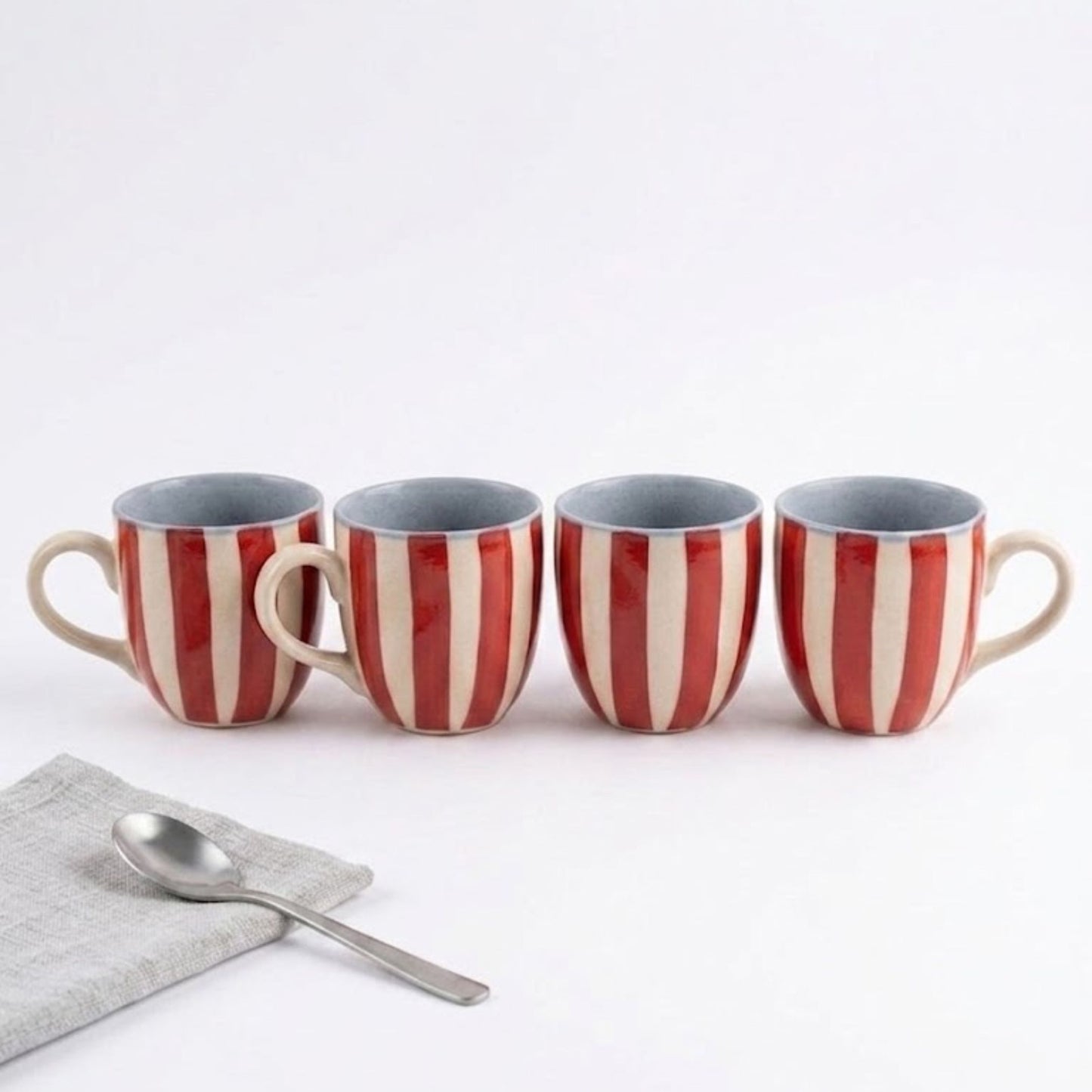 Tea Cups Set- Cherry Stripes, (Set of 4)