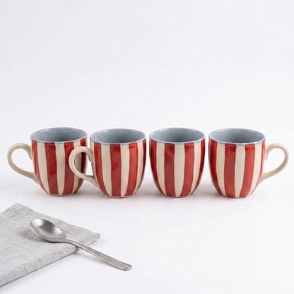 Tea Cups Set- Cherry Stripes, (Set of 4)