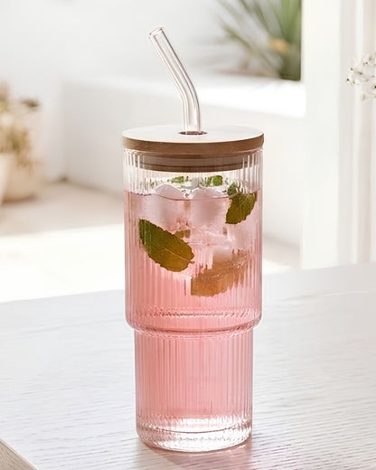 Fluted glass tumbler - with lid & straw (280ml)