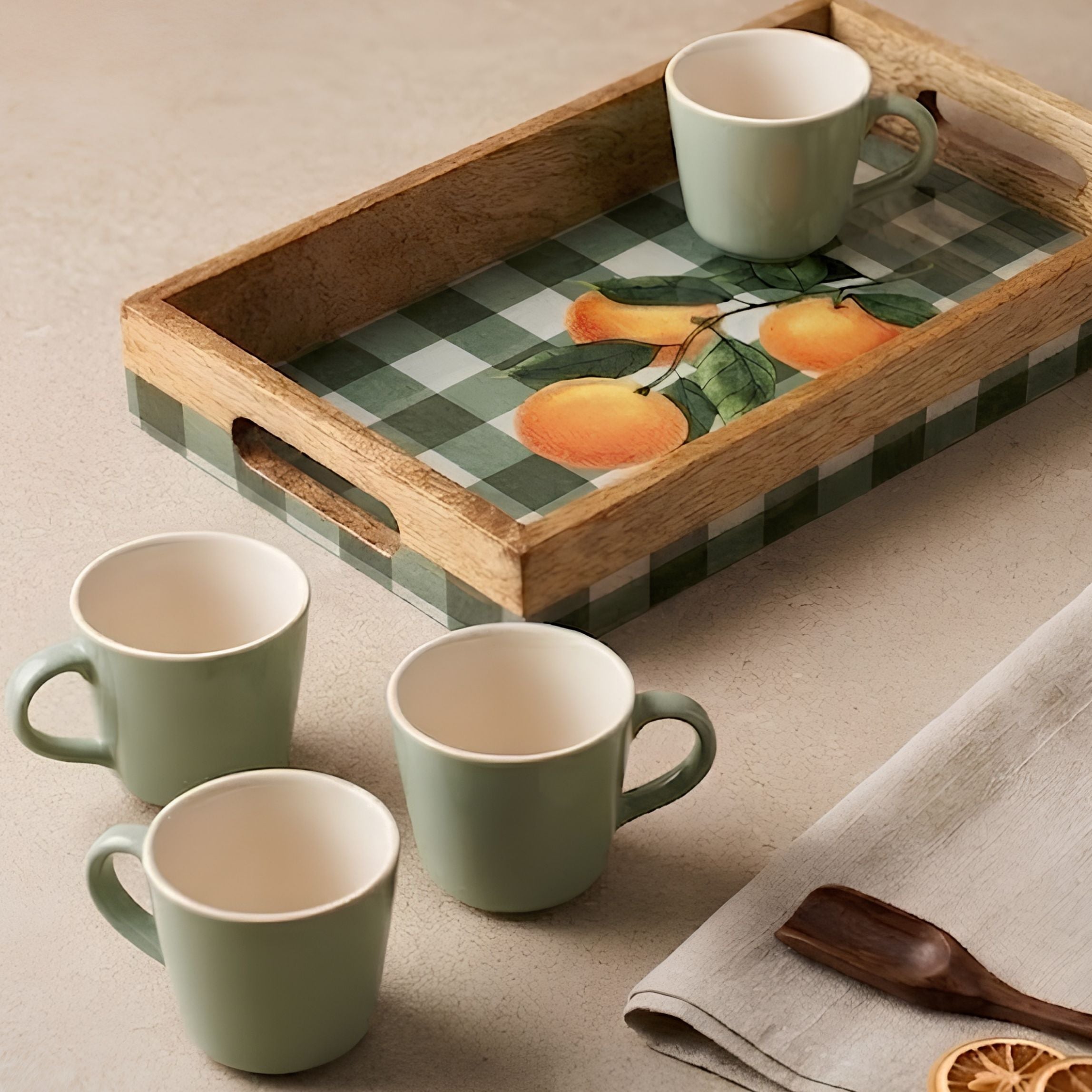 Serving set- Orange Grid Tray+ Green Cups (Set of 4)