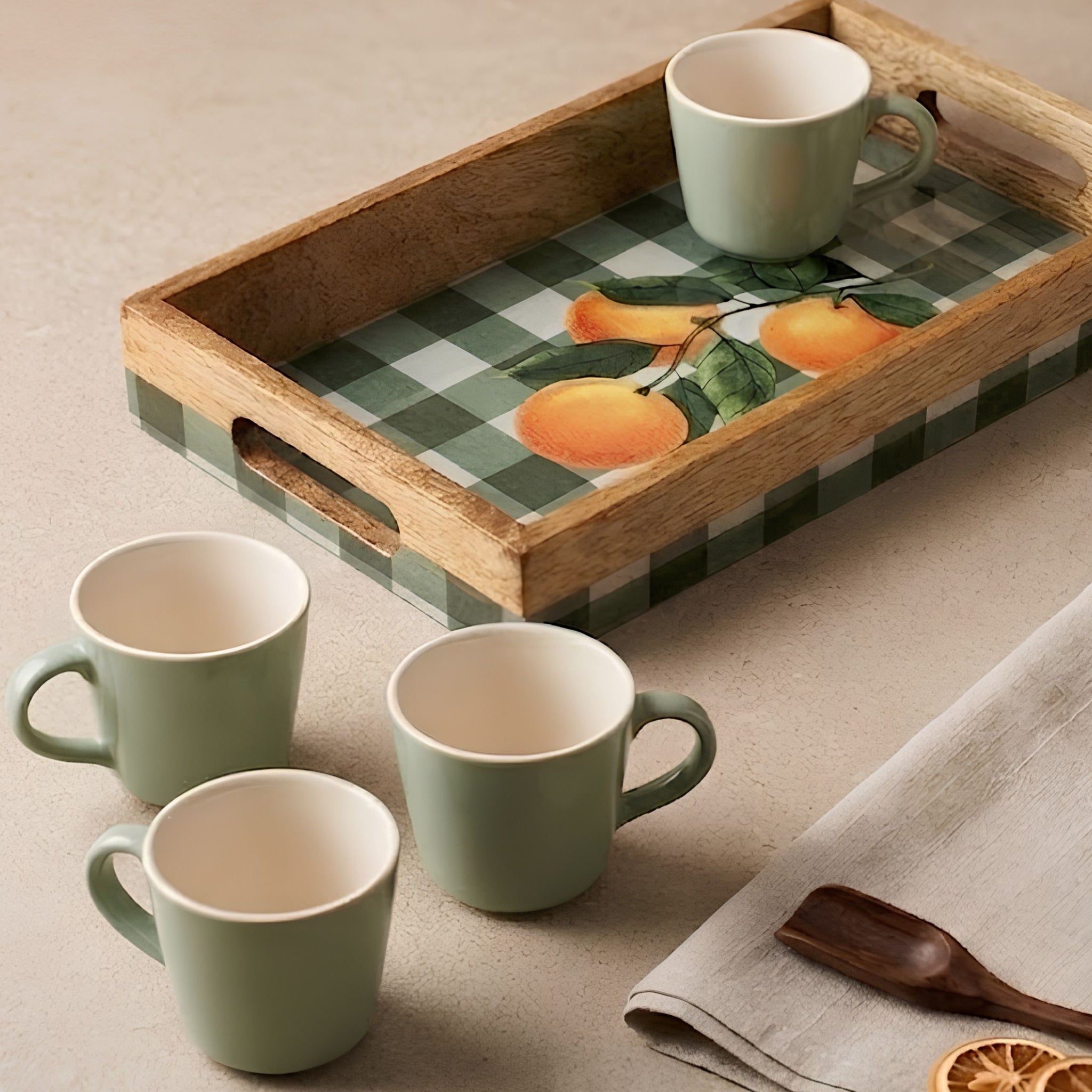 Serving set- Orange Grid Tray+ Green Cups (Set of 4)