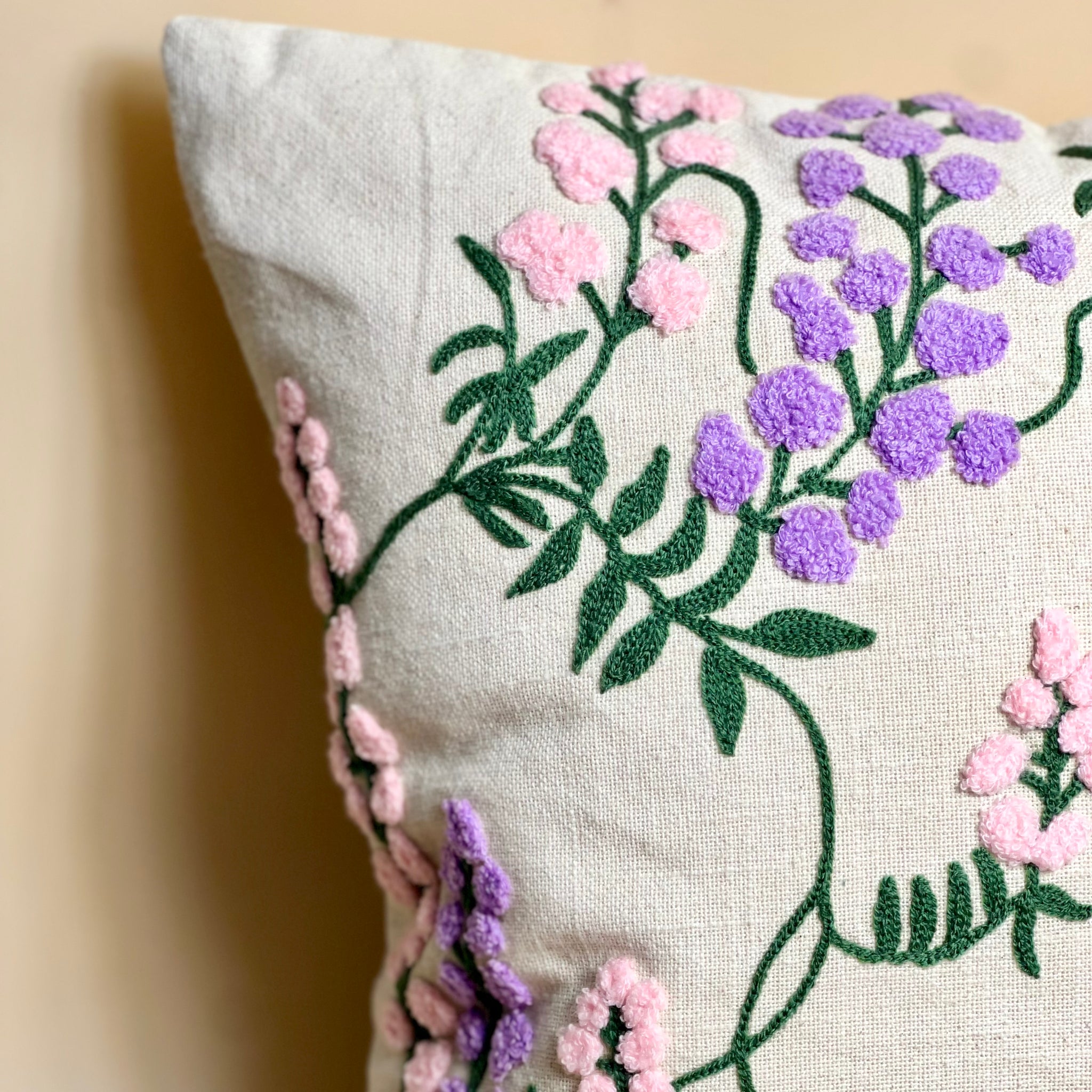 Pastel Blossom Embroidered Cushion Cover - Off white