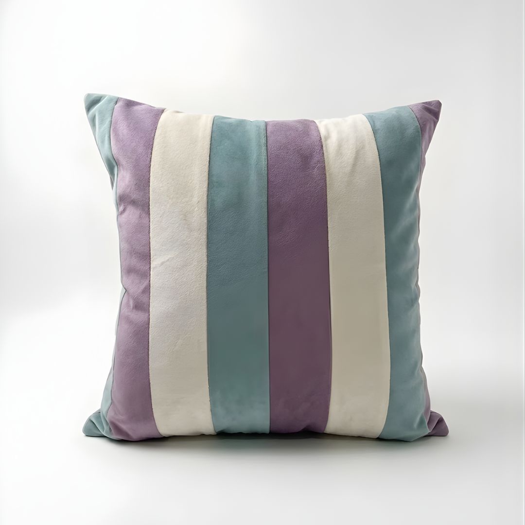 Striped pillow with purple, blue, and white colors on a white background