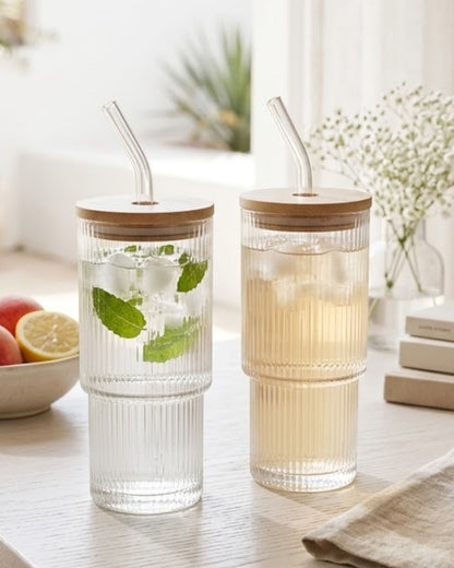 Fluted glass tumbler - with lid & straw (280ml)