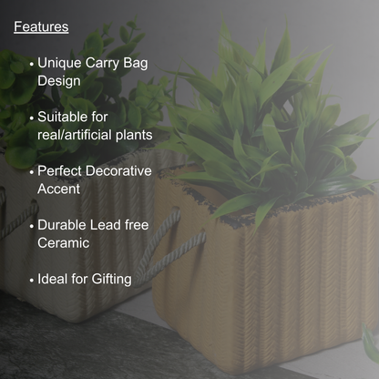 Carry Bag Planters – Unique Ceramic Pots set of 2 Sand & Beige colored planters