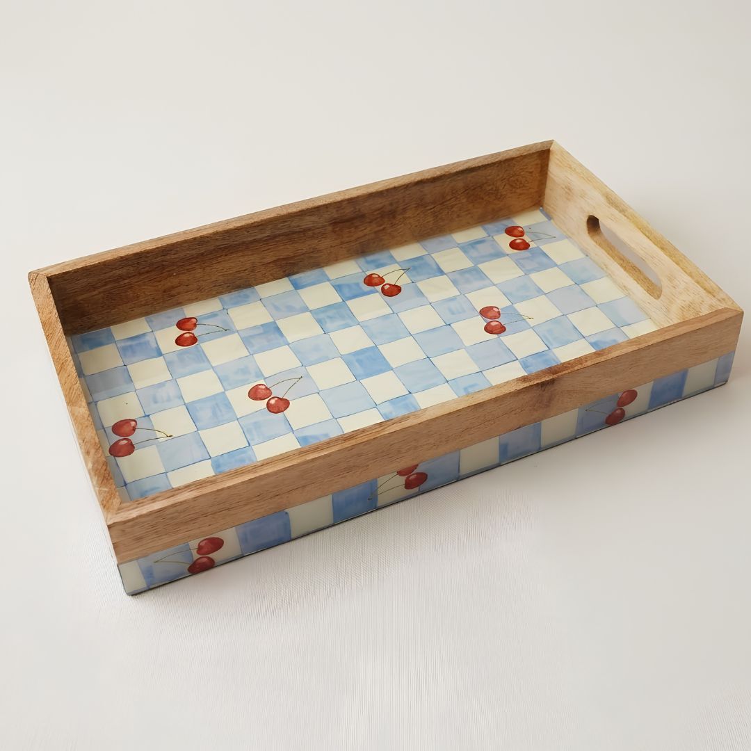 Cherry & Checks Serving Tray- 14"X 8" (Mango wood)