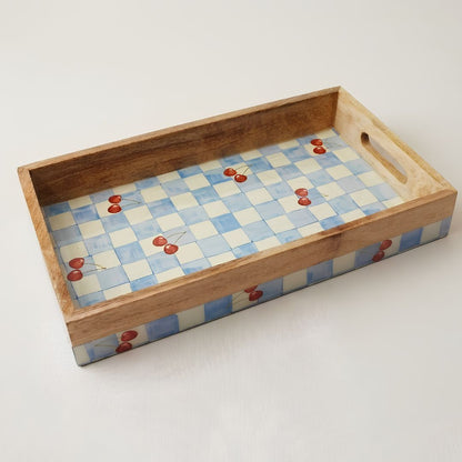 Cherry & Checks Serving Tray- 14"X 8" (Mango wood)