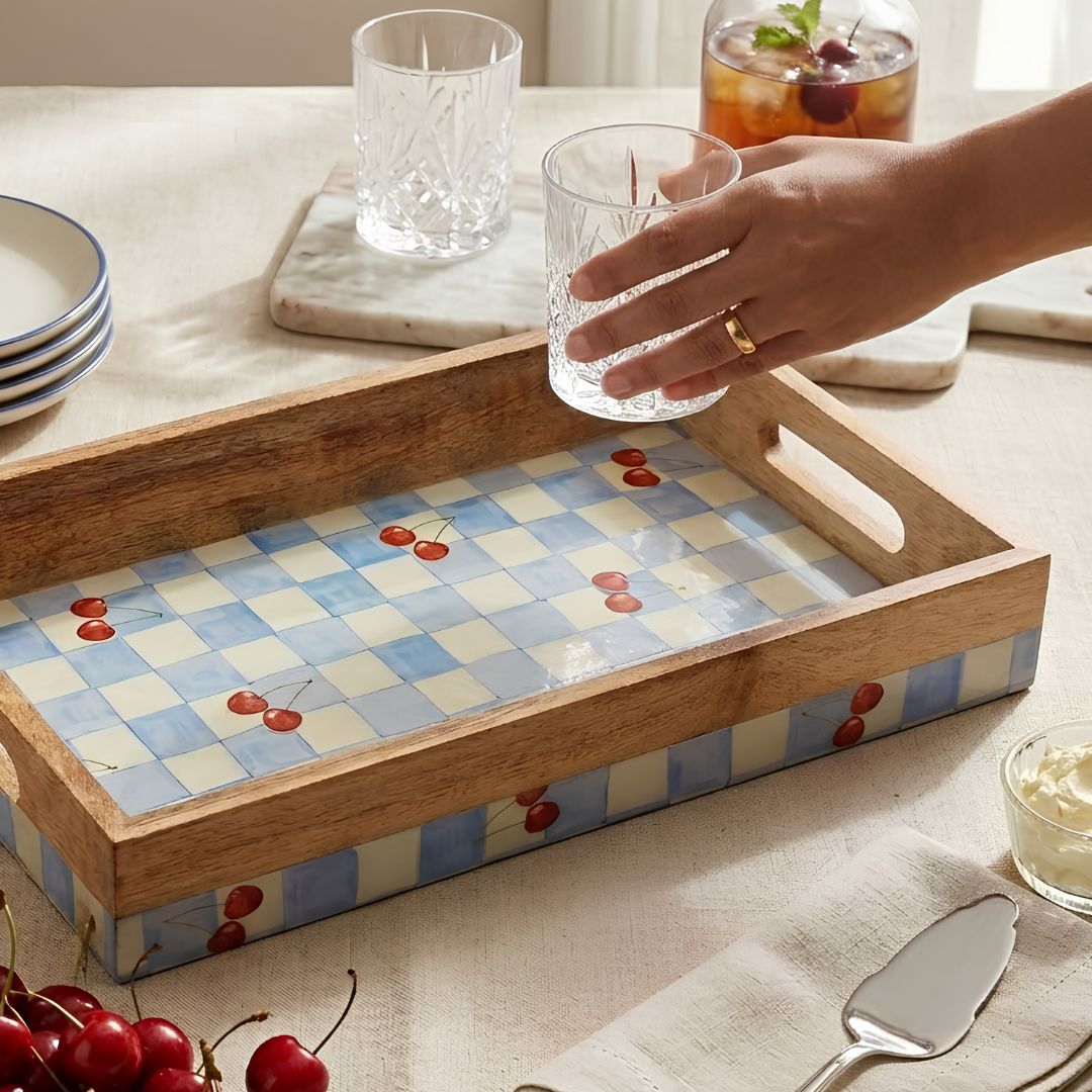 Cherry & Checks Serving Tray- 14"X 8" (Mango wood)