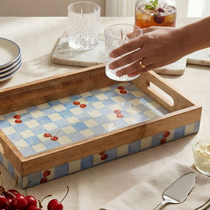 Cherry & Checks Serving Tray- 14"X 8" (Mango wood)