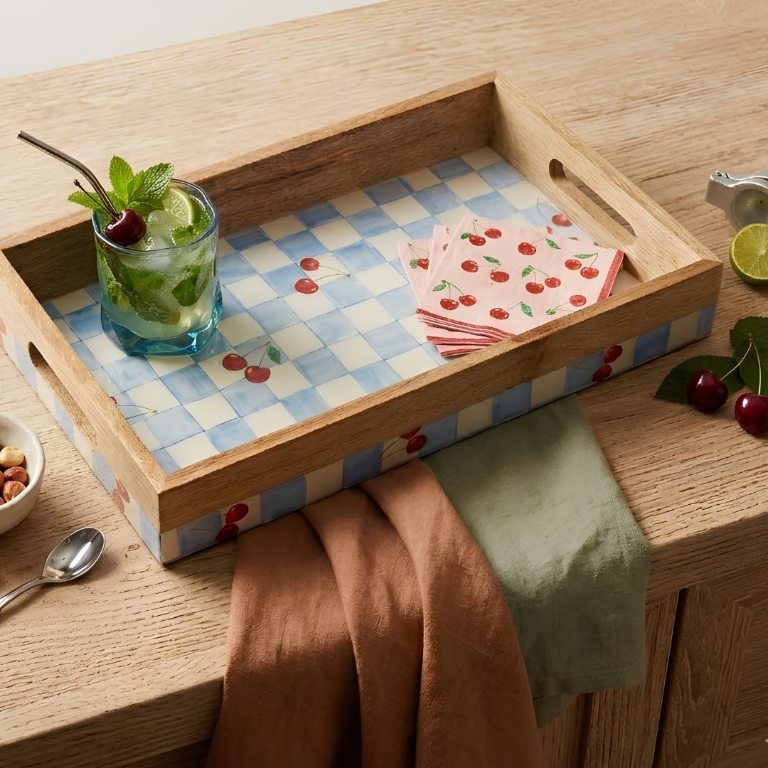 Cherry & Checks Serving Tray- 14"X 8" (Mango wood)