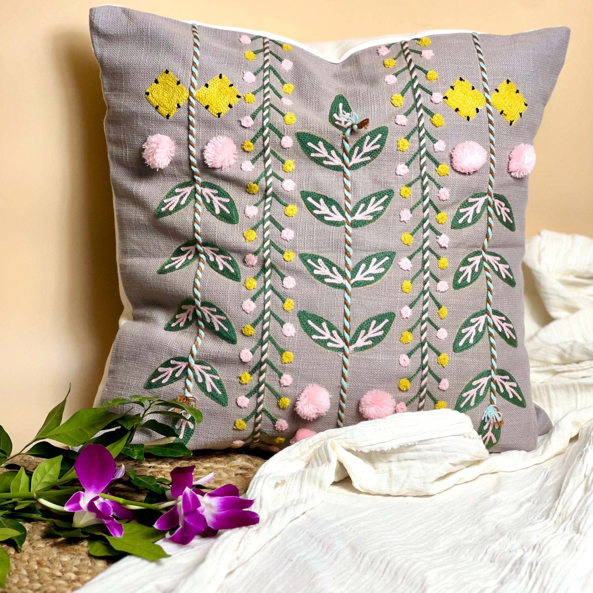 Floral Elegance Grey cushion cover- Grey