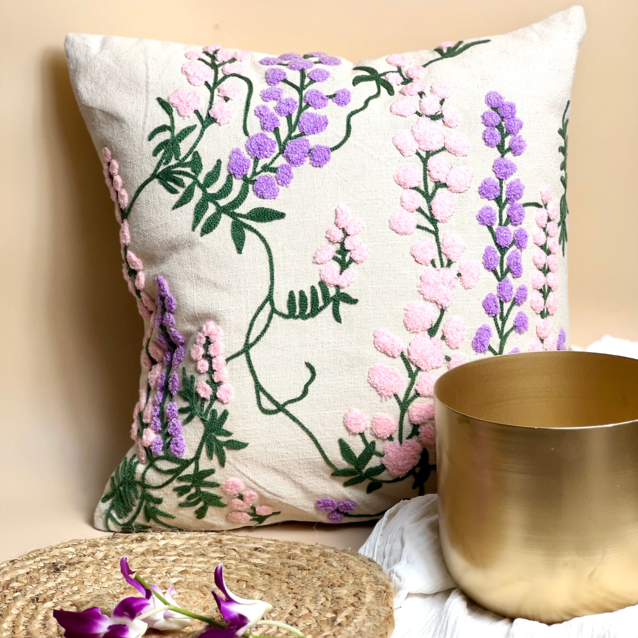 Pastel Blossom Embroidered Cushion Cover - Off white