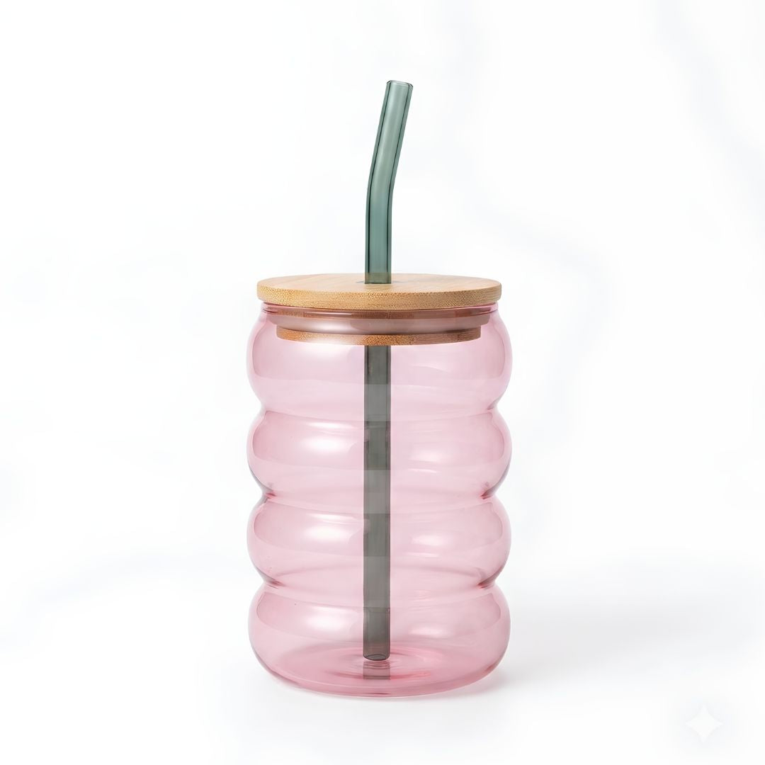 Bubble glass tumbler - with lid & straw (320 ml)