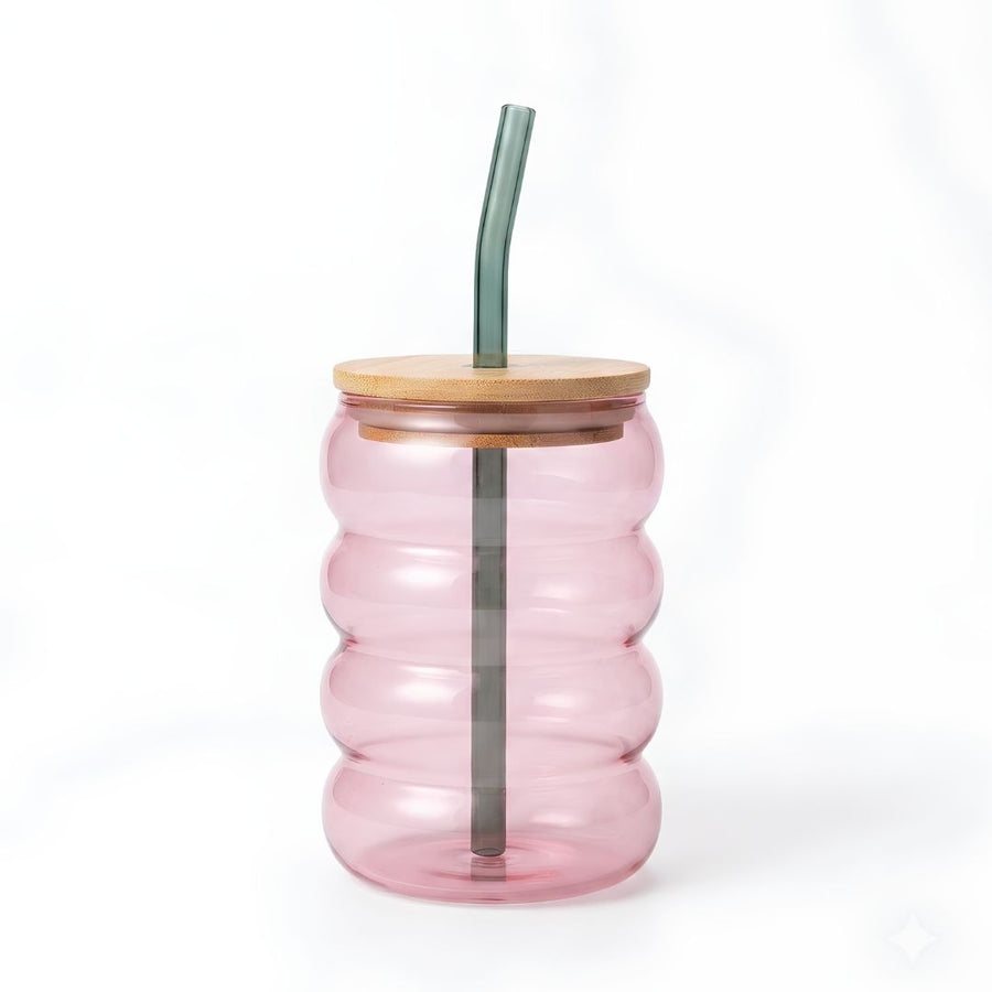 Bubble glass tumbler - with lid & straw (320 ml)