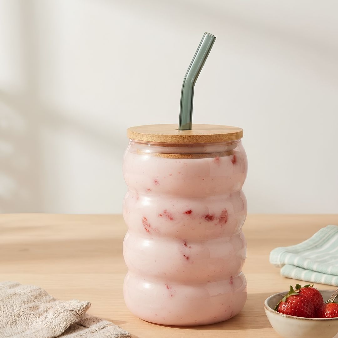 Bubble glass tumbler - with lid & straw (320 ml)