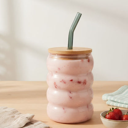 Bubble glass tumbler - with lid & straw (320 ml)