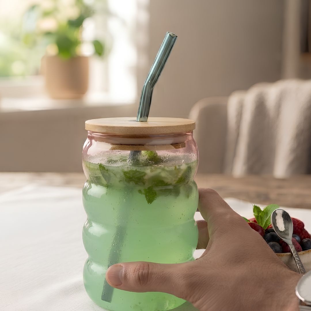 Bubble glass tumbler - with lid & straw (320 ml)