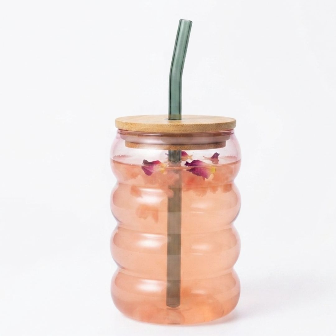 Bubble glass tumbler - with lid & straw (320 ml)