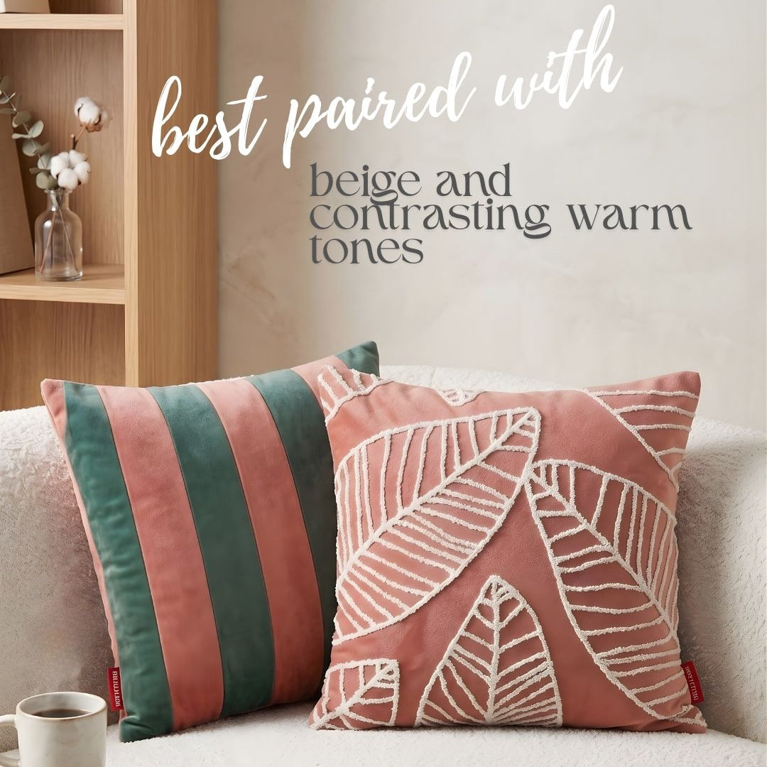 Two decorative pillows on a sofa with text suggesting color pairing.