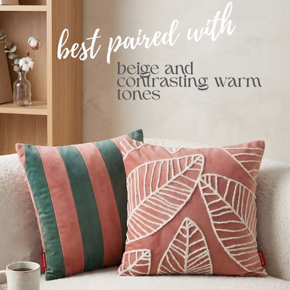 Two decorative pillows on a sofa with text suggesting color pairing.
