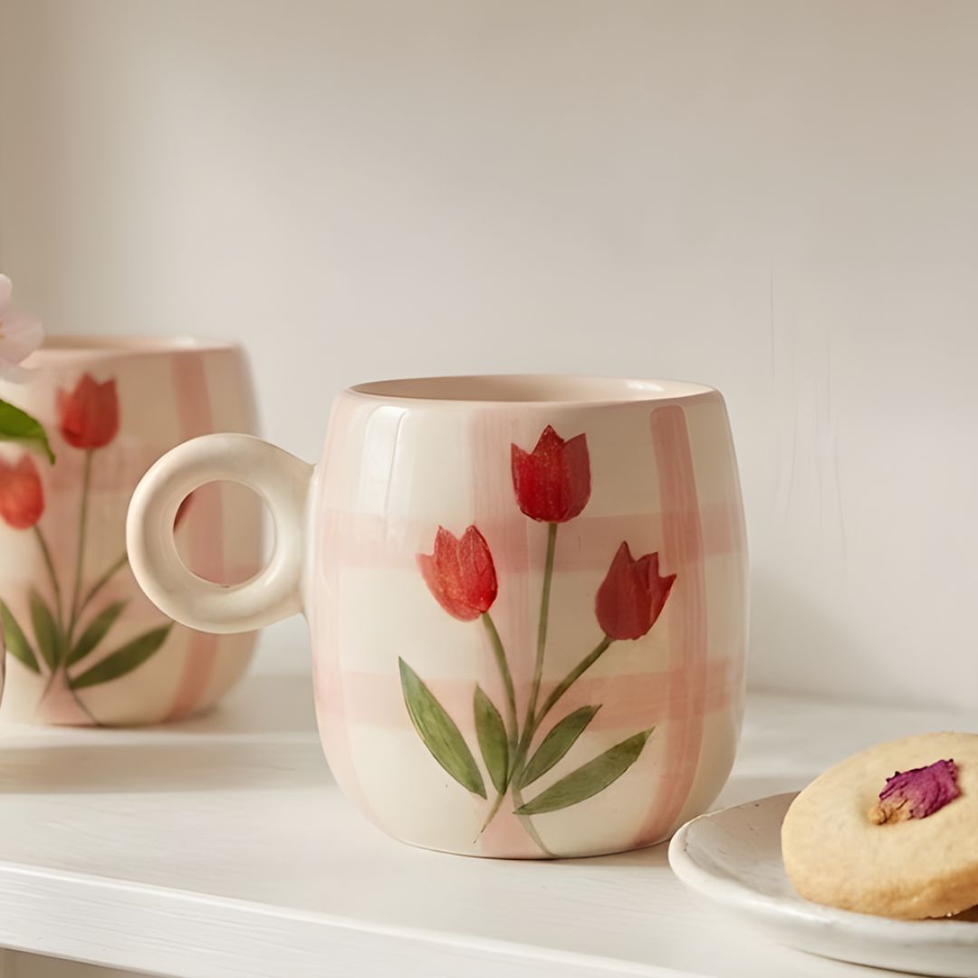 Tulips on check Mug- 280ml