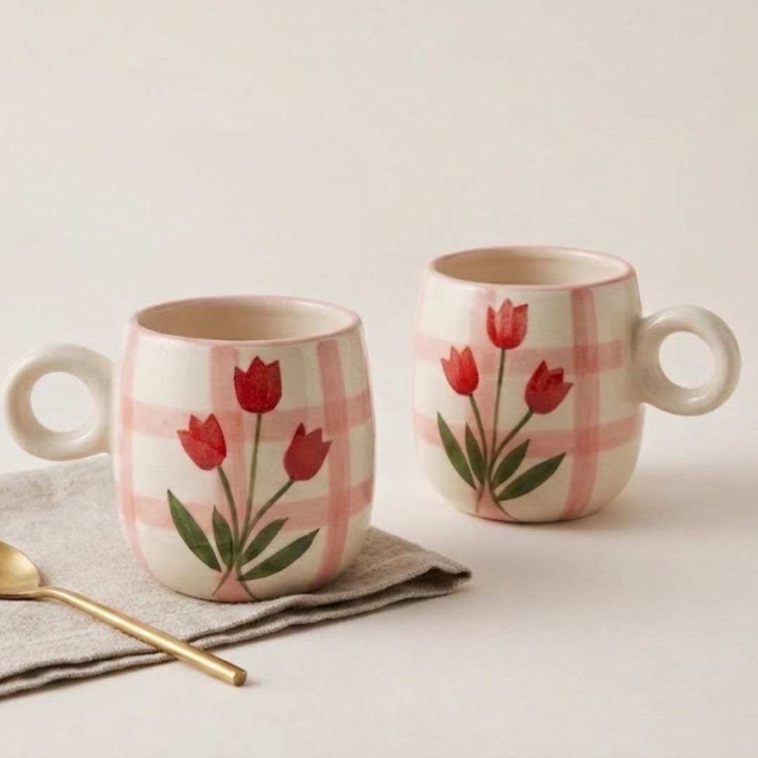 Tulips on check Mug- 280ml