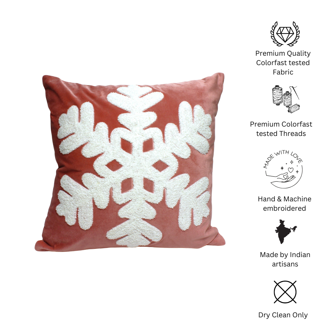 Snowflake Embroidered Velvet Cushion Cover- 16"X16"