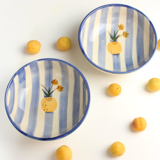 Ceramic deep bowls blue stripes