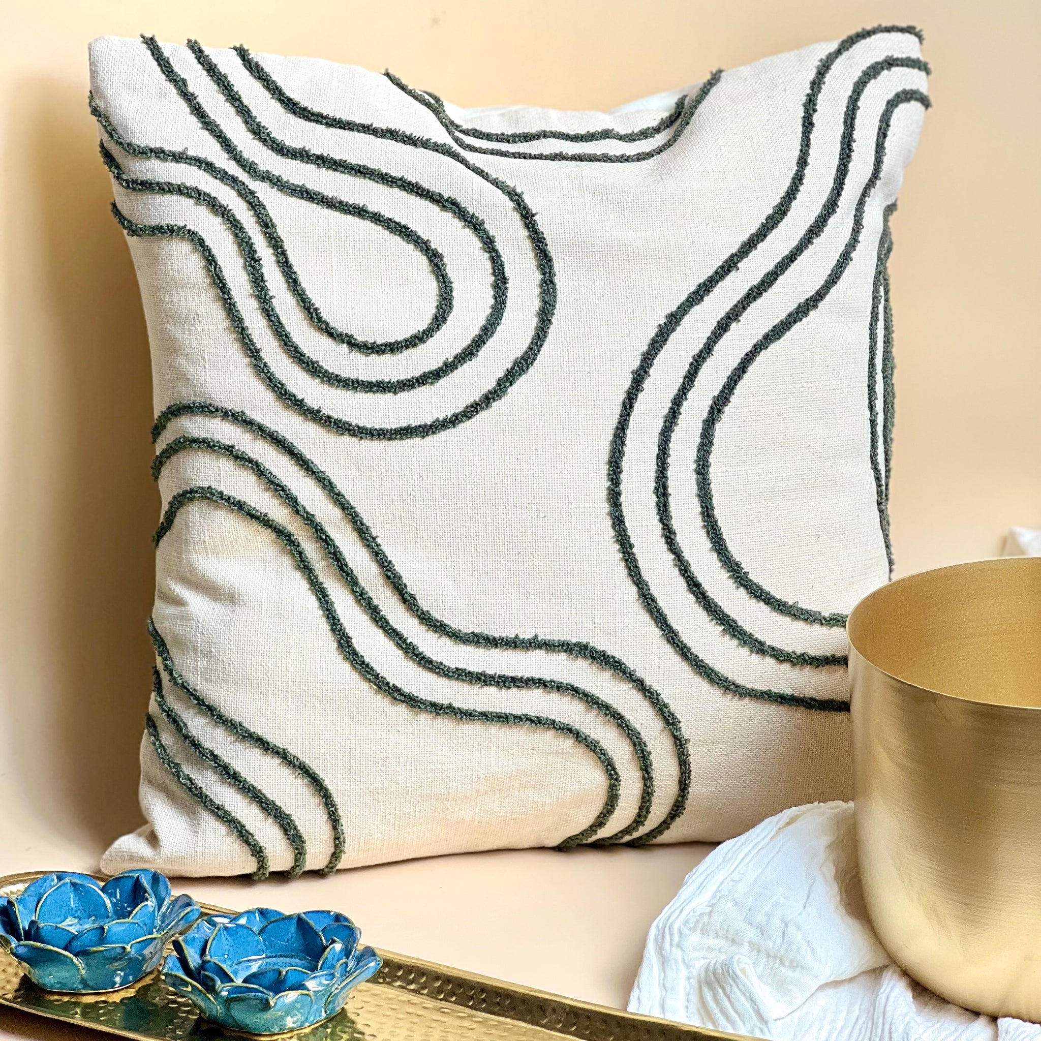 Modern Wave Embroidered Cushion Cover - Off white