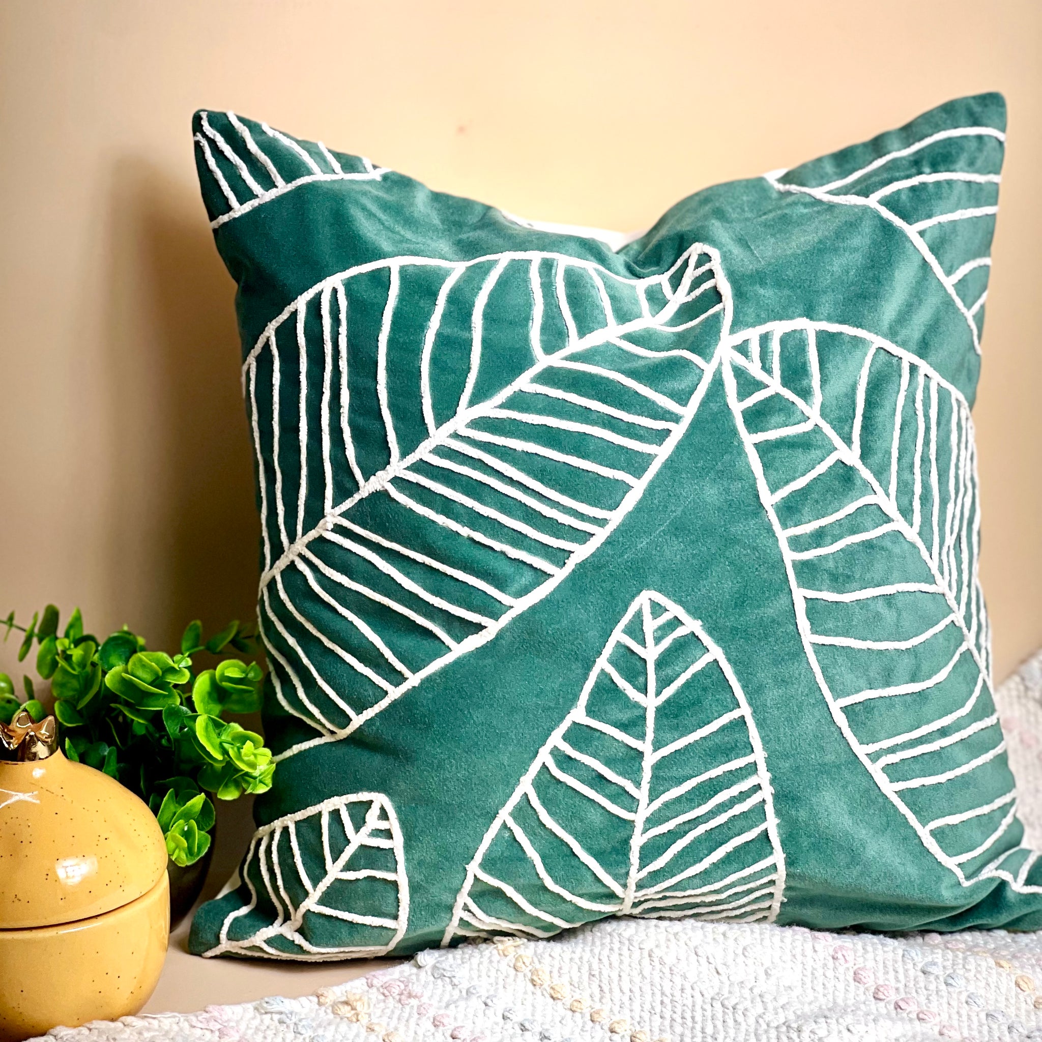Emerald Leaf Whisper Cushion cover- Green