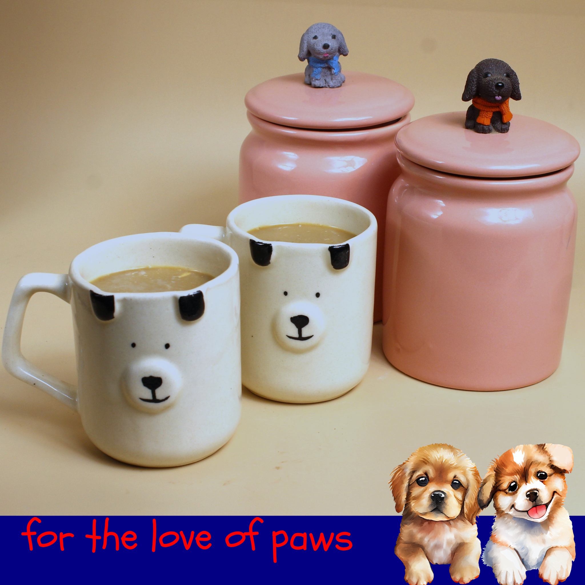 Paws Ceramic Jar + Mug set- Puppy Themed Ceramic Jars and Mugs (Set of 4- 2 mugs, 2 jars )Combo