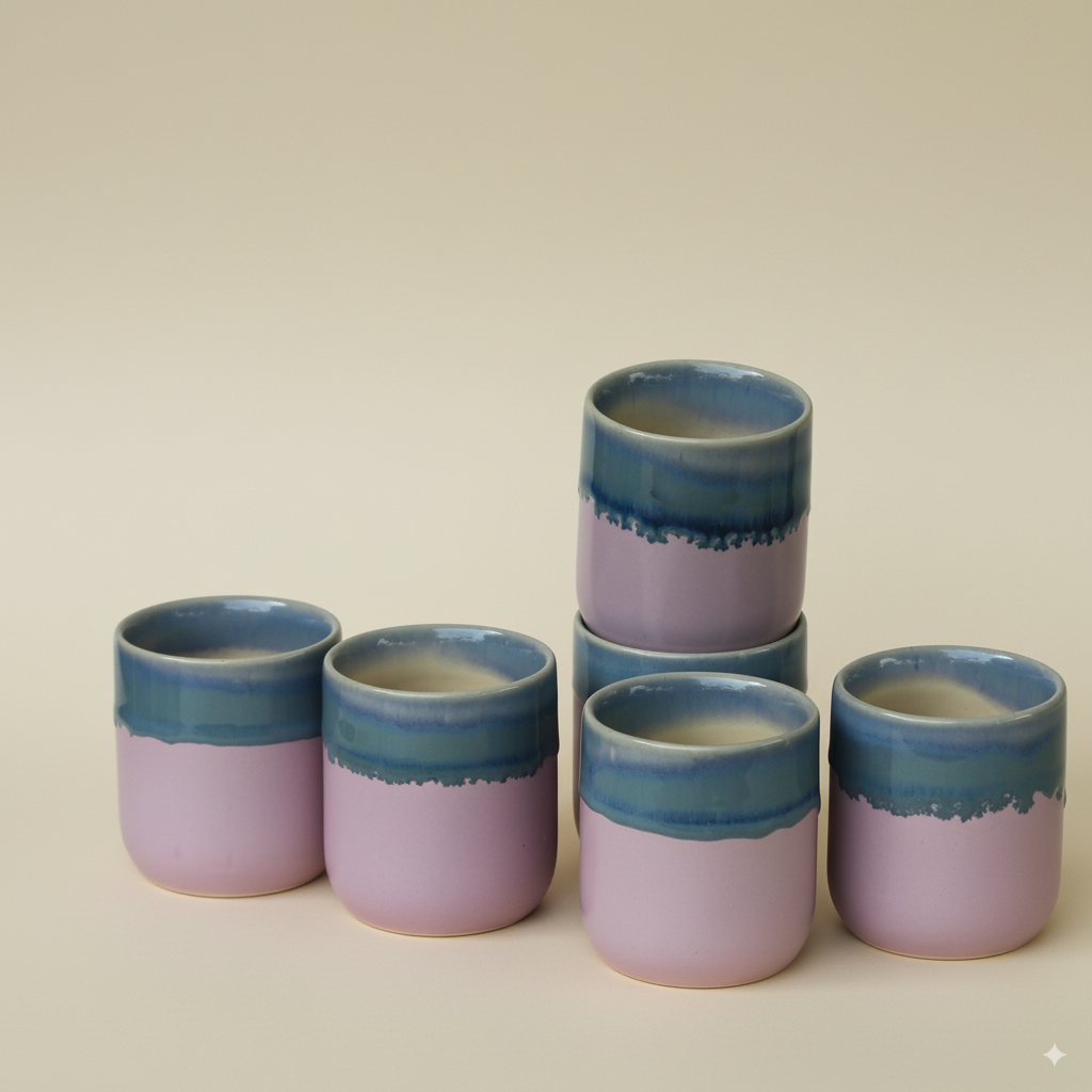 Set of ceramic cups with purple and blue glaze on a beige background